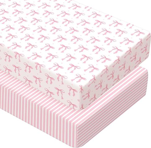 Peryiter 2 Pack Bow Crib Sheets for Girls Coquette Bed Sheet Set Fitted 52'' x 28" for Standard Crib Mattress Stretchable Soft Toddler Aesthetic Nursery Decor(Pink) in Saudi Arabia