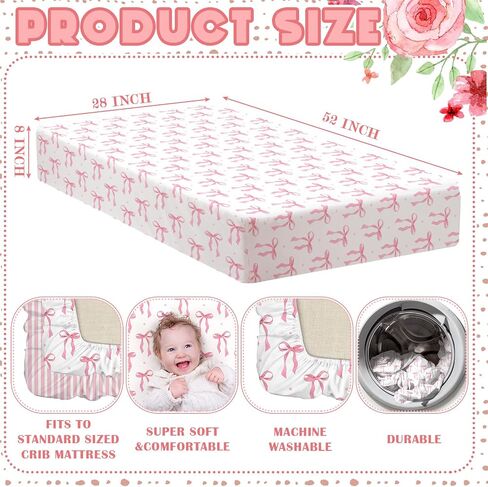 Peryiter 2 Pack Bow Crib Sheets for Girls Coquette Bed Sheet Set Fitted 52'' x 28" for Standard Crib Mattress Stretchable Soft Toddler Aesthetic Nursery Decor(Pink) in Saudi Arabia