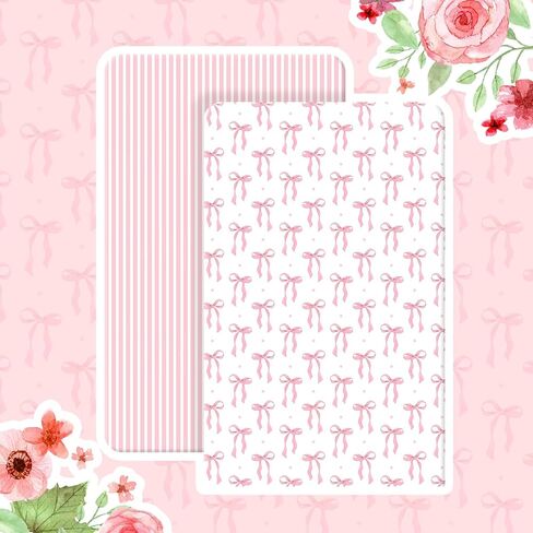 Peryiter 2 Pack Bow Crib Sheets for Girls Coquette Bed Sheet Set Fitted 52'' x 28" for Standard Crib Mattress Stretchable Soft Toddler Aesthetic Nursery Decor(Pink) in Saudi Arabia