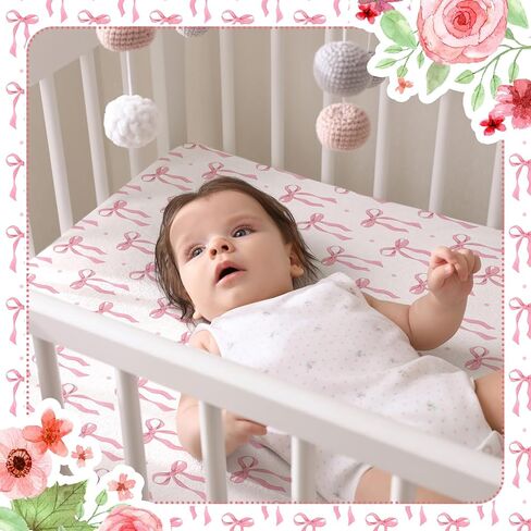 Peryiter 2 Pack Bow Crib Sheets for Girls Coquette Bed Sheet Set Fitted 52'' x 28" for Standard Crib Mattress Stretchable Soft Toddler Aesthetic Nursery Decor(Pink) in Saudi Arabia
