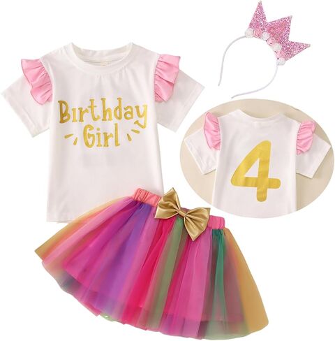 Birthday Girl 3PCs Outfit Toddler Baby Girl Fly Sleeve T Shirt Colourful Tutu Skirt Crown Headband Summer Clothes Set in Saudi Arabia
