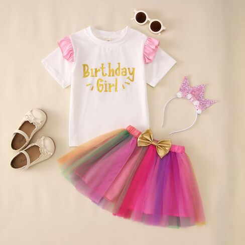 Birthday Girl 3PCs Outfit Toddler Baby Girl Fly Sleeve T Shirt Colourful Tutu Skirt Crown Headband Summer Clothes Set in Saudi Arabia