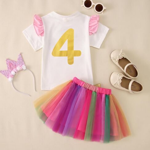 Birthday Girl 3PCs Outfit Toddler Baby Girl Fly Sleeve T Shirt Colourful Tutu Skirt Crown Headband Summer Clothes Set in Saudi Arabia