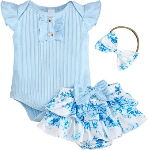 Newborn Baby Girl Clothes Infant Summer Outfits Flying Sleeves Romper and Flora Skirt Set for 0-3-6-12-18 Months in Kuwait