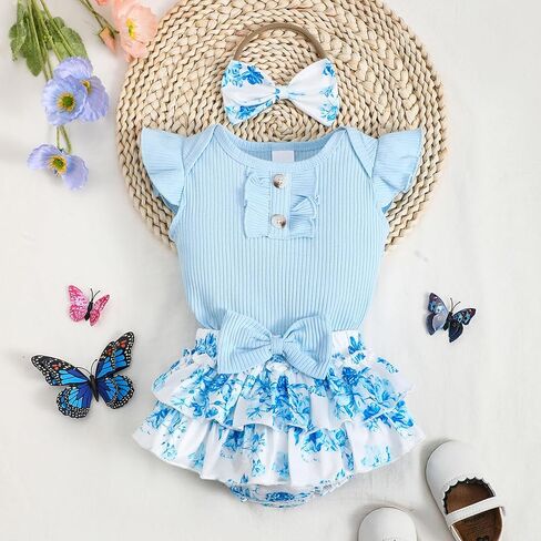 Newborn Baby Girl Clothes Infant Summer Outfits Flying Sleeves Romper and Flora Skirt Set for 0-3-6-12-18 Months in Kuwait