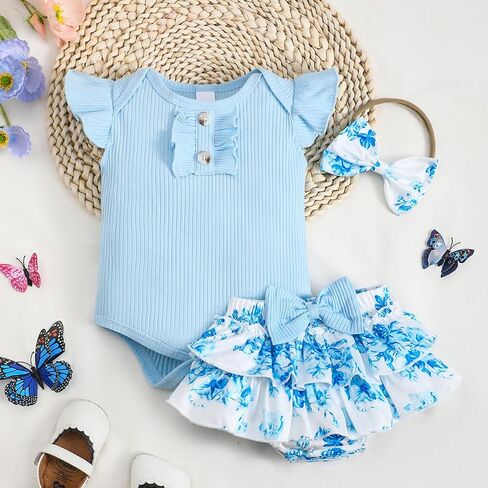 Newborn Baby Girl Clothes Infant Summer Outfits Flying Sleeves Romper and Flora Skirt Set for 0-3-6-12-18 Months in Kuwait