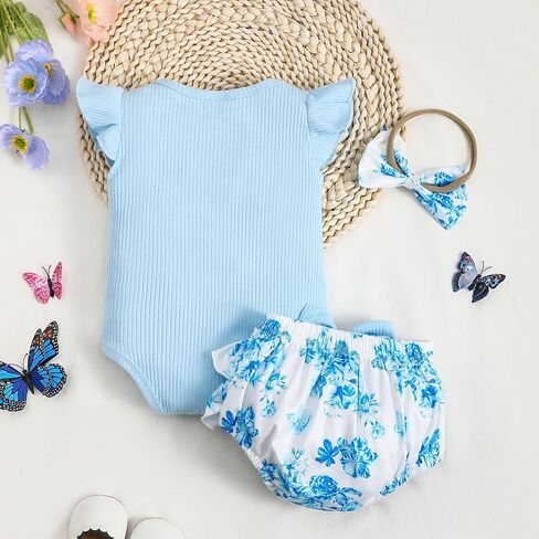Newborn Baby Girl Clothes Infant Summer Outfits Flying Sleeves Romper and Flora Skirt Set for 0-3-6-12-18 Months in Kuwait