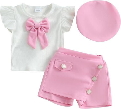 KMBANGI Toddler Baby Girl Skirt Set Ruffle Short Sleeve Bowknot Knitted T-Shirts Skirt Shorts Beret Baby 3Pcs Summer Clothes in Saudi Arabia