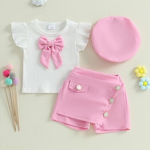 KMBANGI Toddler Baby Girl Skirt Set Ruffle Short Sleeve Bowknot Knitted T-Shirts Skirt Shorts Beret Baby 3Pcs Summer Clothes in Saudi Arabia