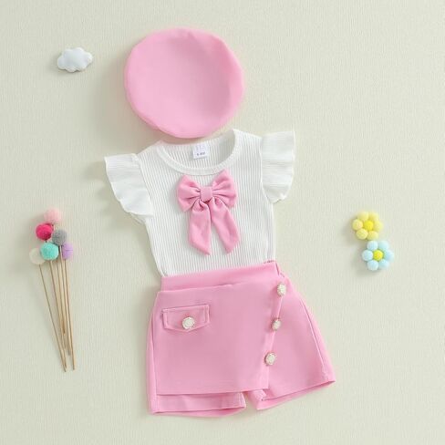 KMBANGI Toddler Baby Girl Skirt Set Ruffle Short Sleeve Bowknot Knitted T-Shirts Skirt Shorts Beret Baby 3Pcs Summer Clothes in Saudi Arabia