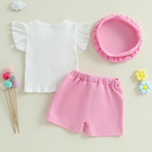 KMBANGI Toddler Baby Girl Skirt Set Ruffle Short Sleeve Bowknot Knitted T-Shirts Skirt Shorts Beret Baby 3Pcs Summer Clothes in Saudi Arabia