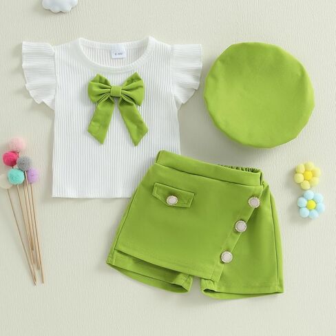 KMBANGI TODDLER طفلة تنورة تنورة مجموعة الكشكش قصيرة الأكمام القوس القوس التريكو القمصان السراويل القصيرة BERET BABY 3PCS الملابس الصيفية in Kuwait