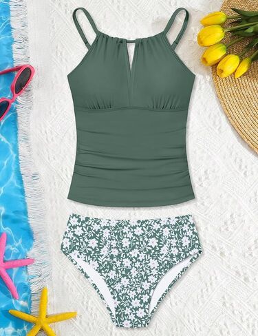 Girls Swimsuit Halterneck 2 Piece Girl Swimsuit with Floral Print Shorts Ruched Girls Tankini Swimsuit 11-18 Years in Saudi Arabia