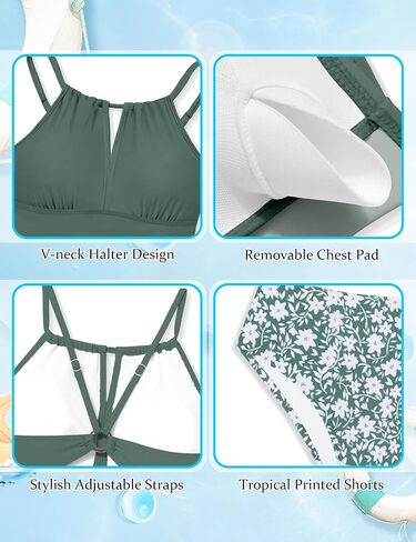 Girls Swimsuit Halterneck 2 Piece Girl Swimsuit with Floral Print Shorts Ruched Girls Tankini Swimsuit 11-18 Years in Saudi Arabia