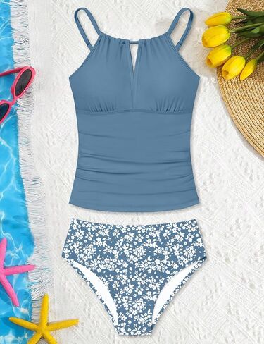 Girls Swimsuit Halterneck 2 Piece Girl Swimsuit with Floral Print Shorts Ruched Girls Tankini Swimsuit 11-18 Years in Saudi Arabia