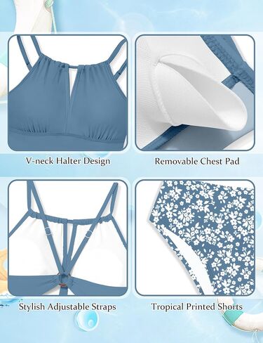 Girls Swimsuit Halterneck 2 Piece Girl Swimsuit with Floral Print Shorts Ruched Girls Tankini Swimsuit 11-18 Years in Saudi Arabia