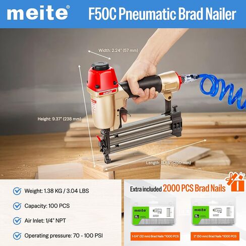 meite F50C Pneumatic Brad Nailer with 2000pcs Nails (1-1/4", 2"), Air 18 Gauge Brad Nailer Small Finish Nail Gun for Trim Work, Fires 18 Gauge Brad Nails 5/8 Inch to 2 Inch in Saudi Arabia