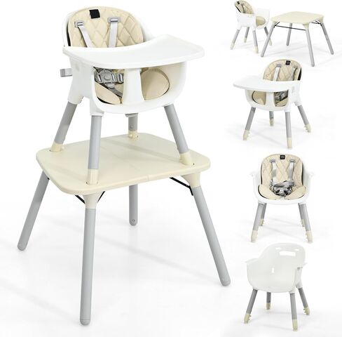 HONEY JOY 5-in-1 High Chair, Convertible Highchair for Babies and Toddlers/Kids Chair Table Set/Infant Feeding Chair w/Safety Harness, PU Leather Cushion & Removable Food Tray (Beige) in Saudi Arabia