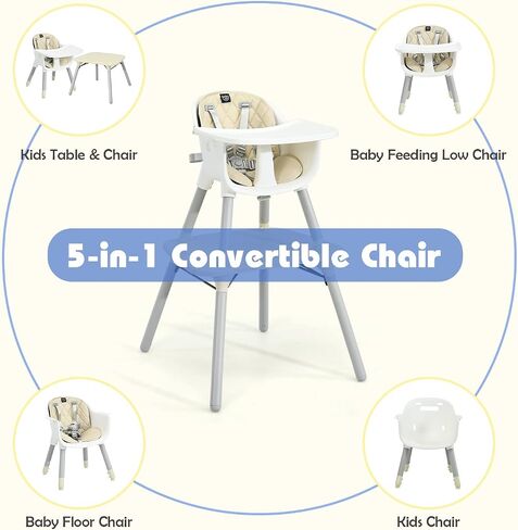 HONEY JOY 5-in-1 High Chair, Convertible Highchair for Babies and Toddlers/Kids Chair Table Set/Infant Feeding Chair w/Safety Harness, PU Leather Cushion & Removable Food Tray (Beige) in Saudi Arabia