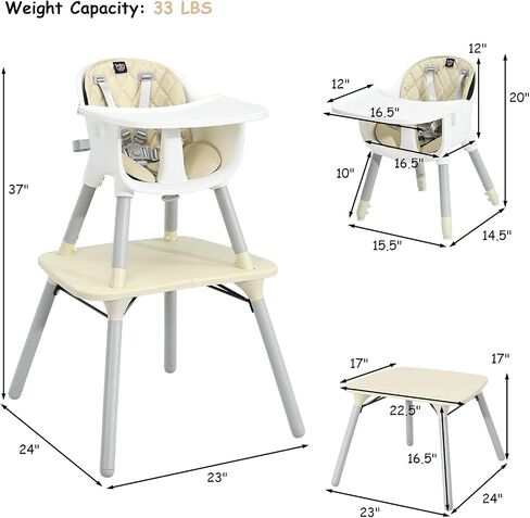 HONEY JOY 5-in-1 High Chair, Convertible Highchair for Babies and Toddlers/Kids Chair Table Set/Infant Feeding Chair w/Safety Harness, PU Leather Cushion & Removable Food Tray (Beige) in Saudi Arabia
