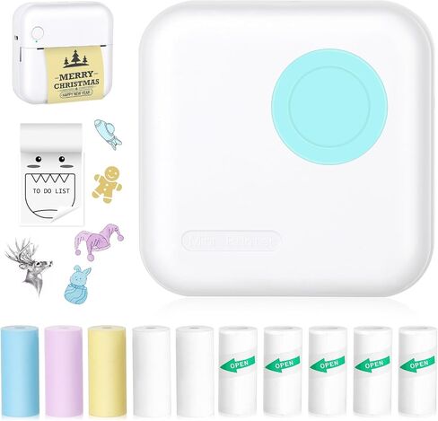 Mini Sticker Printer, Inkless Thermal Printer with 10 Rolls Thermal Papers and Stickers for iOS&Android, Mini Portable Printe for DIY, Scrapbook, Memo, Pictures, Notes, List, Blue in Kuwait