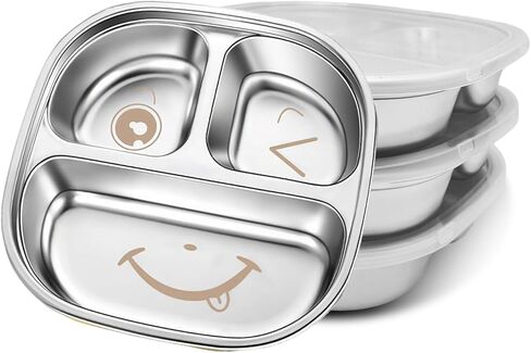 Stainless Steel Kids Plate with Lid | 3-Pack Durable Toddler Dish | BPA-Free, Non-Toxic & Dishwasher-Safe | Splash-Proof Design for Home, Travel & Daycare in Kuwait