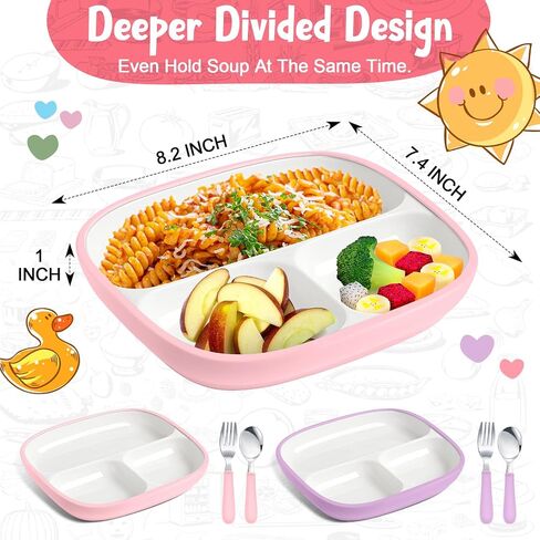 2 Pcs 8.2" Large Kids Porcelain Plates with Silicone Sleeves Toddlers Divided Plates Extra Deep White Porcelain Dishes 2 Pack Spoons and Forks Set Microwave Dishwasher Friendly(Pink,Purple) in Kuwait