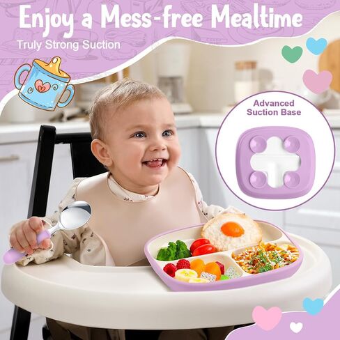 2 Pcs 8.2" Large Kids Porcelain Plates with Silicone Sleeves Toddlers Divided Plates Extra Deep White Porcelain Dishes 2 Pack Spoons and Forks Set Microwave Dishwasher Friendly(Pink,Purple) in Kuwait