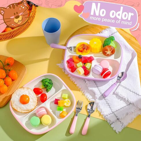 2 Pcs 8.2" Large Kids Porcelain Plates with Silicone Sleeves Toddlers Divided Plates Extra Deep White Porcelain Dishes 2 Pack Spoons and Forks Set Microwave Dishwasher Friendly(Pink,Purple) in Kuwait