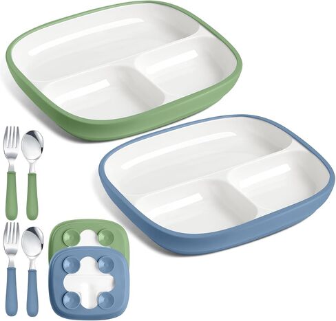 2 Pcs 8.2" Large Kids Porcelain Plates with Silicone Sleeves Toddlers Divided Plates Extra Deep White Porcelain Dishes 2 Pack Spoons and Forks Set Microwave Dishwasher Friendly(Pink,Purple) in Kuwait