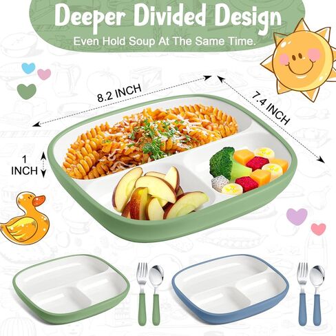 2 Pcs 8.2" Large Kids Porcelain Plates with Silicone Sleeves Toddlers Divided Plates Extra Deep White Porcelain Dishes 2 Pack Spoons and Forks Set Microwave Dishwasher Friendly(Pink,Purple) in Kuwait