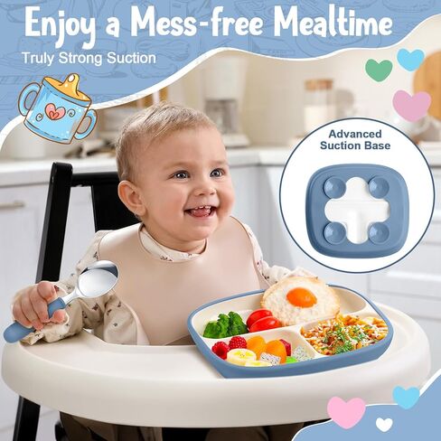 2 Pcs 8.2" Large Kids Porcelain Plates with Silicone Sleeves Toddlers Divided Plates Extra Deep White Porcelain Dishes 2 Pack Spoons and Forks Set Microwave Dishwasher Friendly(Pink,Purple) in Kuwait