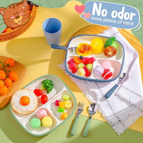 2 Pcs 8.2" Large Kids Porcelain Plates with Silicone Sleeves Toddlers Divided Plates Extra Deep White Porcelain Dishes 2 Pack Spoons and Forks Set Microwave Dishwasher Friendly(Pink,Purple) in Kuwait