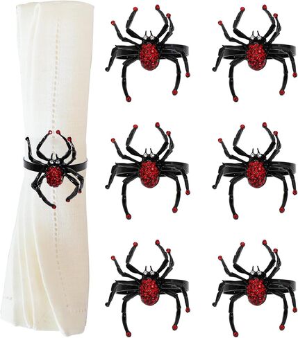 مجموعة من 6 حلقات منديل من الألماس العنكبوتي، حلقات منديل سوداء، حلقات منديل، حامل من سبيكة معدنية، حامل حلقة منديل لتزيين طاولات الهالوين، مستلزمات حفلات الطعام ﻿ (أسود) in Kuwait