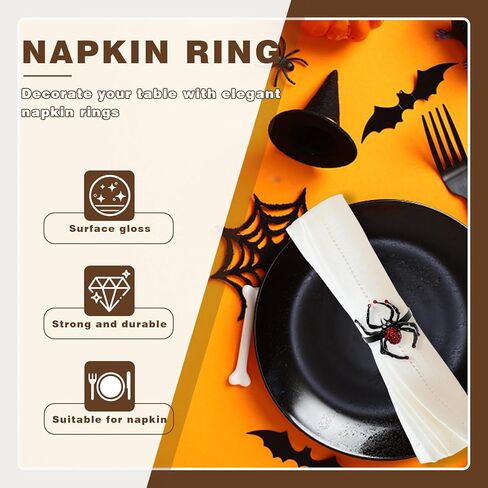 مجموعة من 6 حلقات منديل من الألماس العنكبوتي، حلقات منديل سوداء، حلقات منديل، حامل من سبيكة معدنية، حامل حلقة منديل لتزيين طاولات الهالوين، مستلزمات حفلات الطعام ﻿ (أسود) in Kuwait