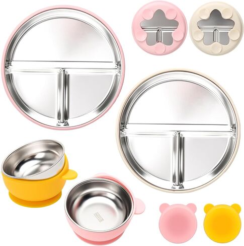 Stainless Steel Baby Plate and Bowls with Suction, Divided Kids Baby Plate and Toddler Bowl with Removable Silicone Suction, Non-Slip Baby Feeding Set Dishwasher Safe，4 Packs in Saudi Arabia
