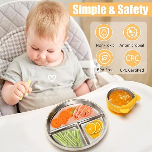Stainless Steel Baby Plate and Bowls with Suction, Divided Kids Baby Plate and Toddler Bowl with Removable Silicone Suction, Non-Slip Baby Feeding Set Dishwasher Safe，4 Packs in Saudi Arabia