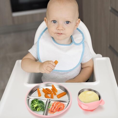 Stainless Steel Baby Plate and Bowls with Suction, Divided Kids Baby Plate and Toddler Bowl with Removable Silicone Suction, Non-Slip Baby Feeding Set Dishwasher Safe，4 Packs in Saudi Arabia