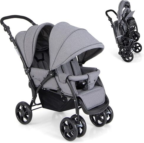GLACER Foldable Twin Stroller, Double Baby Stroller w/Multi-Level Backrest, Canopy, Handle & Footrest, Safety Belt & Brake System, Travel Tandem Seating Stroller w/Lockable Wheels (Gray) in Saudi Arabia
