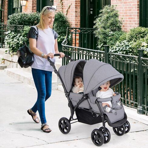 GLACER Foldable Twin Stroller, Double Baby Stroller w/Multi-Level Backrest, Canopy, Handle & Footrest, Safety Belt & Brake System, Travel Tandem Seating Stroller w/Lockable Wheels (Gray) in Saudi Arabia