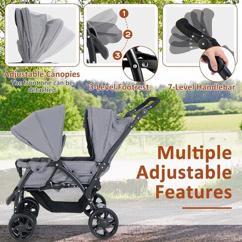 GLACER Foldable Twin Stroller, Double Baby Stroller w/Multi-Level Backrest, Canopy, Handle & Footrest, Safety Belt & Brake System, Travel Tandem Seating Stroller w/Lockable Wheels (Gray) in Saudi Arabia