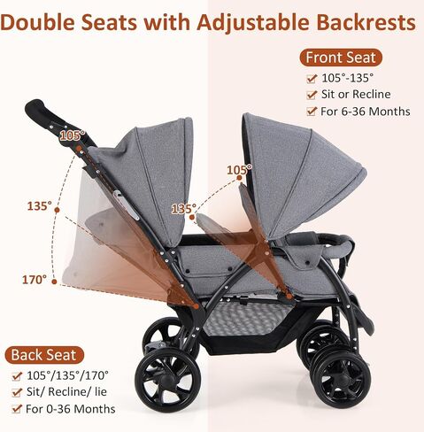 GLACER Foldable Twin Stroller, Double Baby Stroller w/Multi-Level Backrest, Canopy, Handle & Footrest, Safety Belt & Brake System, Travel Tandem Seating Stroller w/Lockable Wheels (Gray) in Saudi Arabia