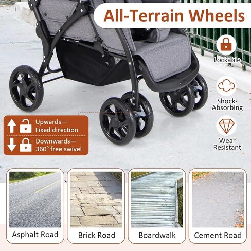 GLACER Foldable Twin Stroller, Double Baby Stroller w/Multi-Level Backrest, Canopy, Handle & Footrest, Safety Belt & Brake System, Travel Tandem Seating Stroller w/Lockable Wheels (Gray) in Saudi Arabia
