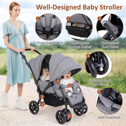 GLACER Foldable Twin Stroller, Double Baby Stroller w/Multi-Level Backrest, Canopy, Handle & Footrest, Safety Belt & Brake System, Travel Tandem Seating Stroller w/Lockable Wheels (Gray) in Saudi Arabia