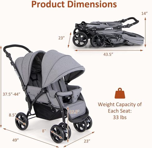 GLACER Foldable Twin Stroller, Double Baby Stroller w/Multi-Level Backrest, Canopy, Handle & Footrest, Safety Belt & Brake System, Travel Tandem Seating Stroller w/Lockable Wheels (Gray) in Saudi Arabia