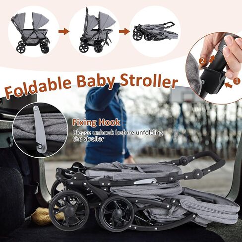 GLACER Foldable Twin Stroller, Double Baby Stroller w/Multi-Level Backrest, Canopy, Handle & Footrest, Safety Belt & Brake System, Travel Tandem Seating Stroller w/Lockable Wheels (Gray) in Saudi Arabia