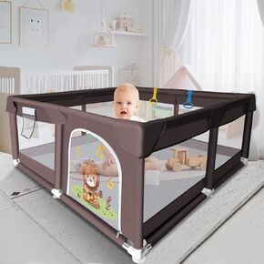 Baby Playpen,49.2"×49.2" Play Pens for Babies and Toddlers,Equipped with Breathable Mesh, Safety Anti Fall Door, Suitable for Indoor and Outdoor Use Baby Play Yard (49.2x49.2 Brown Gray)