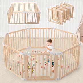 Foldable Wooden Playpen,Large Baby Gate Playpen with Child-Proof Lock-Easy Assembly, Portable Design for Babies & Toddlers- Shape& Size Adjustable Baby Fence Play Area (Wood, 8 Panel)-61"x61"x25"
