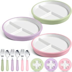 3 Pack 8" Large Porcelain Toddler Plates Feeding Set, Ceramic Kids Suction Plates with Anti Slip Silicone Sleeve for Baby 3 Spoons and Forks Divided Kids (Blue,Green,Beige)