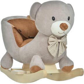 Qaba Kids Rocking Horse, Bear-Shaped Plush Toddler Ride on Horse with Sound, Wooden Base & Safety Belt for 18-36 Months, Gray